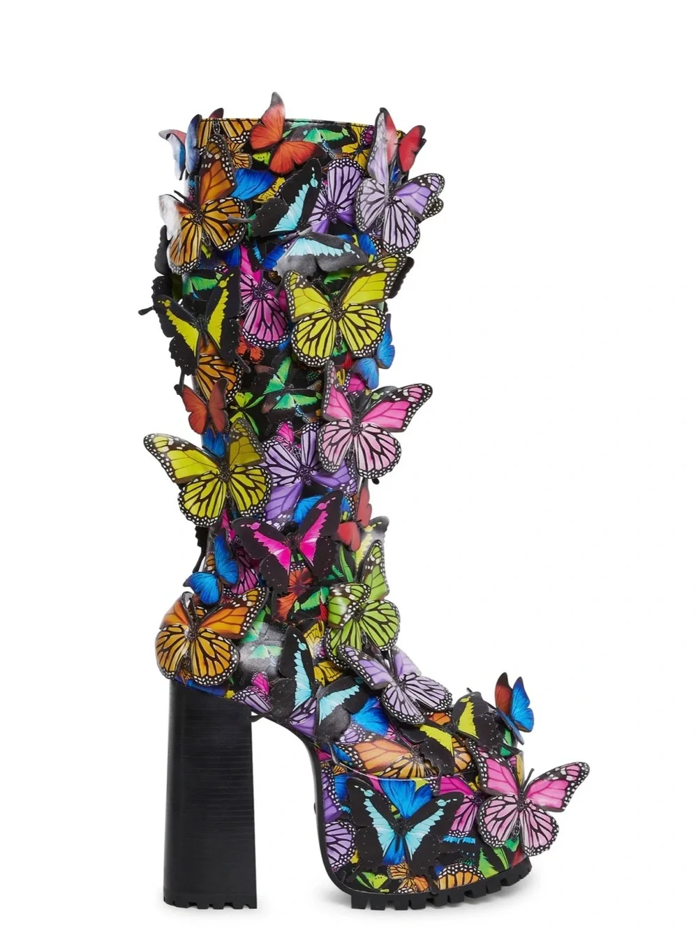 3D Butterfly Embellished Platform Knee-High Boots - Multicolor